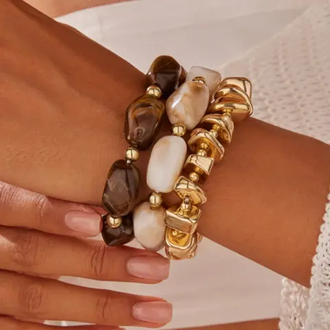 3pcs/Set Vintage Resin Beaded Bracelets, Handmade Colorblock Design, Stackable Casual Fashion Jewelry for Women, Beaded Bracelet Sets