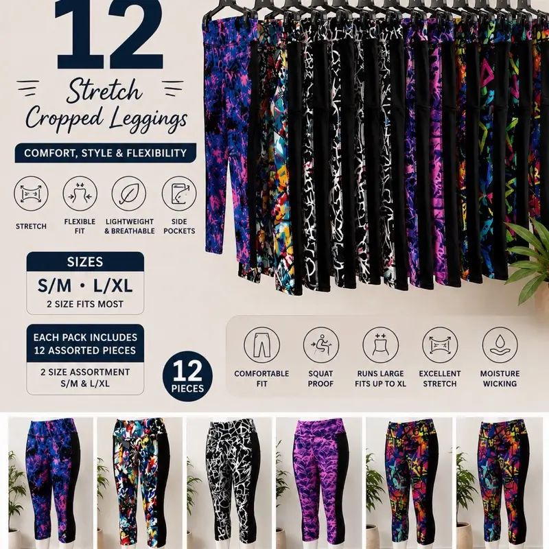 Women's Stretch Cropped Leggings, 12-Piece Assorted Pack with Breathable Fabric, Available in S/M and L/XL Sizes