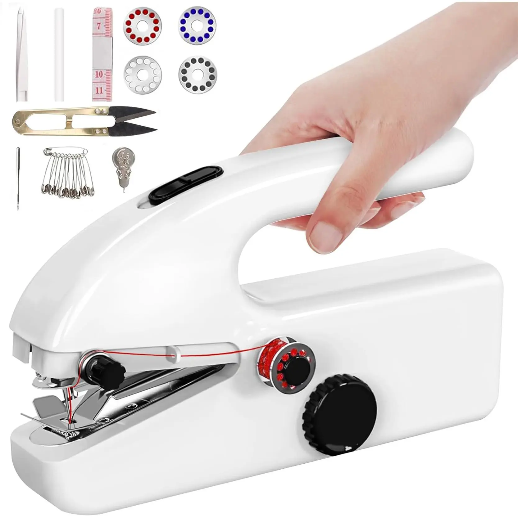 Portable mini handheld electric sewing machine, equipped with an all-round sewing accessory kit, a compact and lightweight sewing tool, capable of quickly repairing clothes, suitable for beginners' DIY and emergency fabric repair.