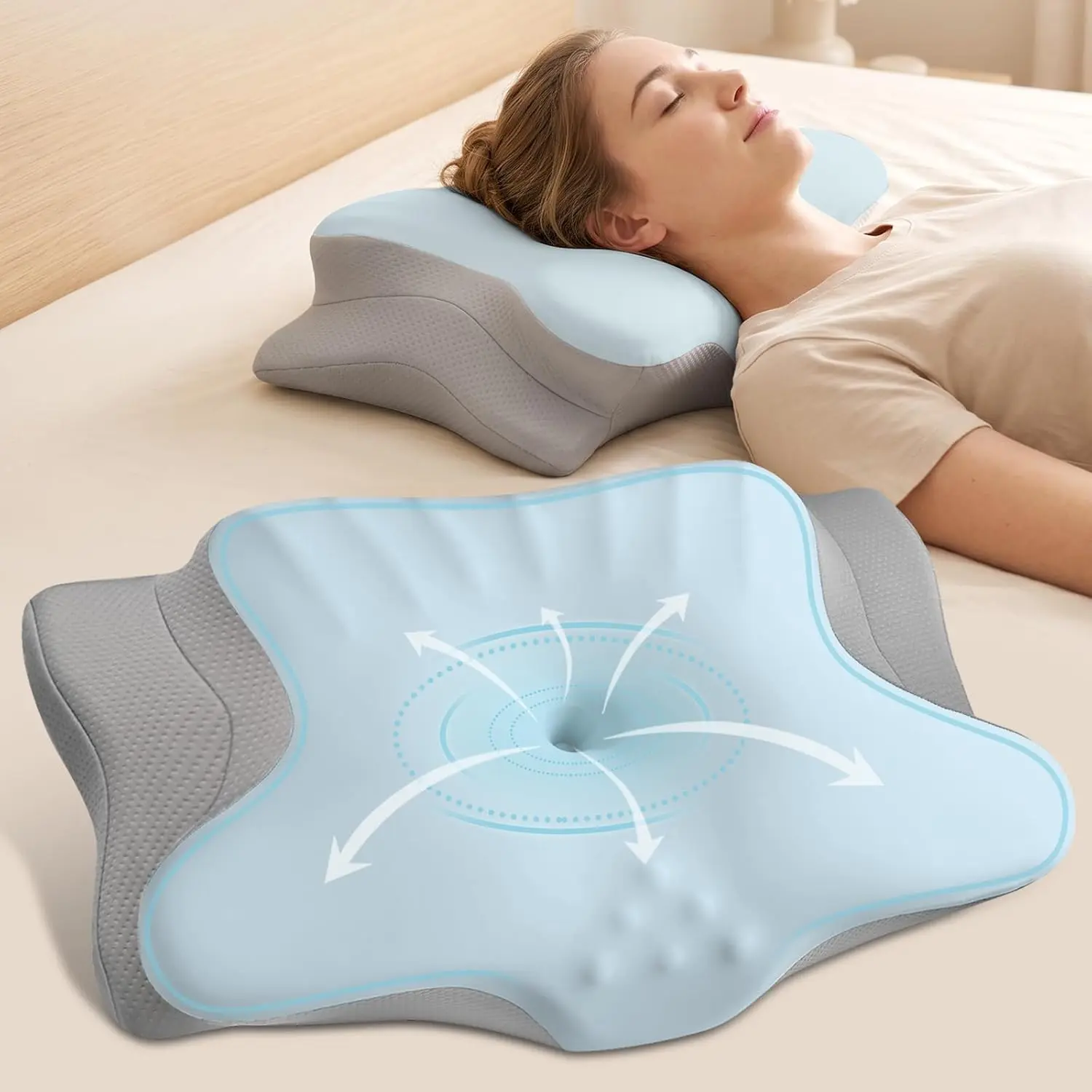 Cervical Neck Pillow for Pain Relief - Contour Memory Foam Pillows | Ergonomic Pillow for Sleeping, Side Sleeper Pillow for Neck Support, Bed Pillow for Side Back Stomach Sleepers (Blue & Grey)