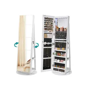 SONGMICS LEDs Lockable Jewelry Mirror Cabinet,Standing Jewelry Armoire,, Frameless Full-Length Mirror, 3 Storage Shelves Gift Idea