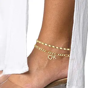 2pcs Exquisite 14K Gold Plated Layered Figaro Cuban Chain Anklet Set Charm Initial Letter A-Z Gold Ankle Bracelets Shiny Hollow Heart Cubic Zirconia Pendant Ankle Chain Summer Beach Foot Chain Jewelry