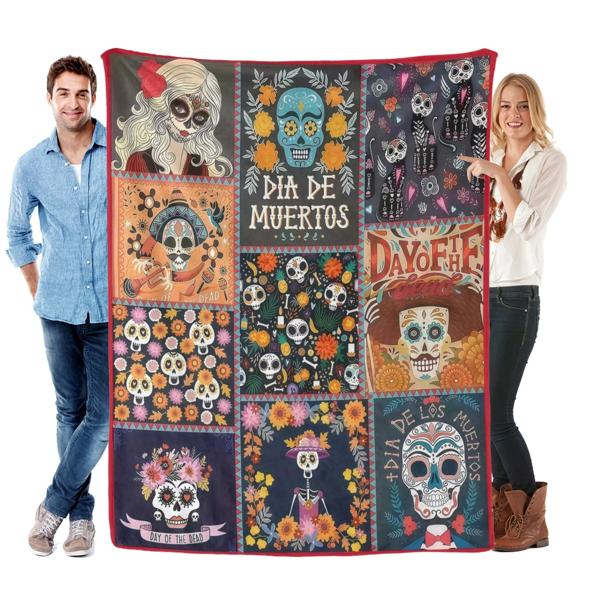 Day of the Dead Sugar Skull Dia de los Muertos Flannel Throw Blanket, Ultra Soft Warm Fuzzy Plush Blanket for Couch Bed Sofa, All Season Cozy, Ideal Gift for Mexican Culture Fans & Home Decor
