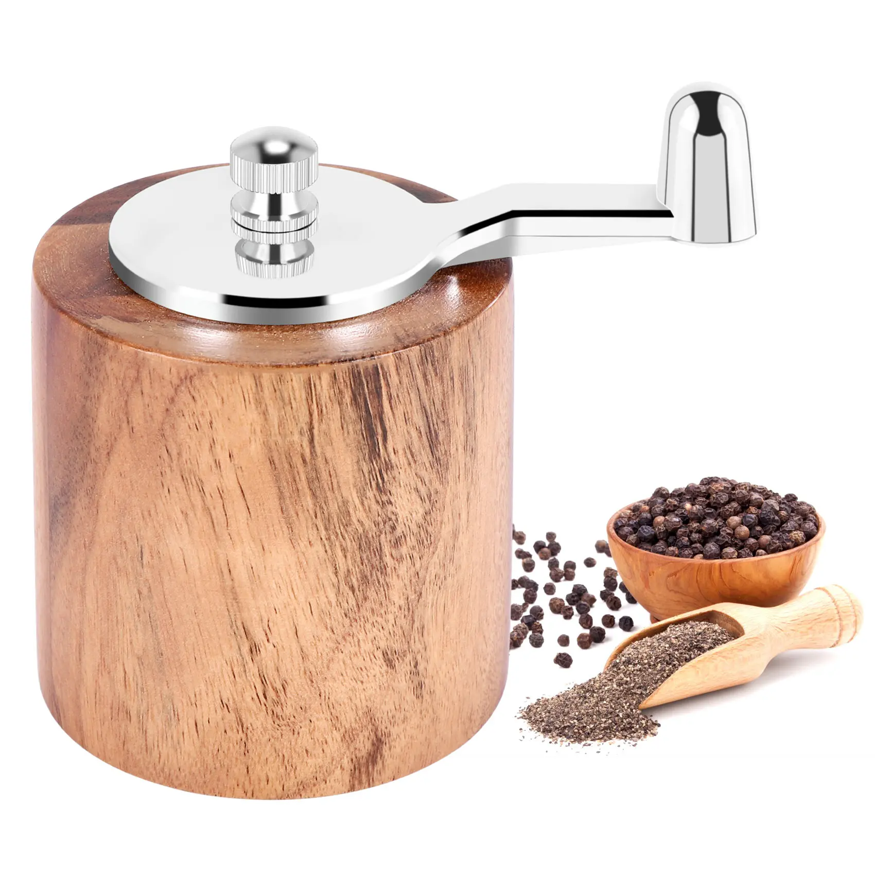 Vintage Handmade Wooden Pepper Mill - Small Size 7x6cm Kitchen Utensil, Reusable Hand Crank Classic Handle, Adjustable Ceramic Rotor, Lead-Free Electroplating PP Stainless Steel Spice Grinder, Eco-Friendly Household Seasoning Accessory, Utensils
