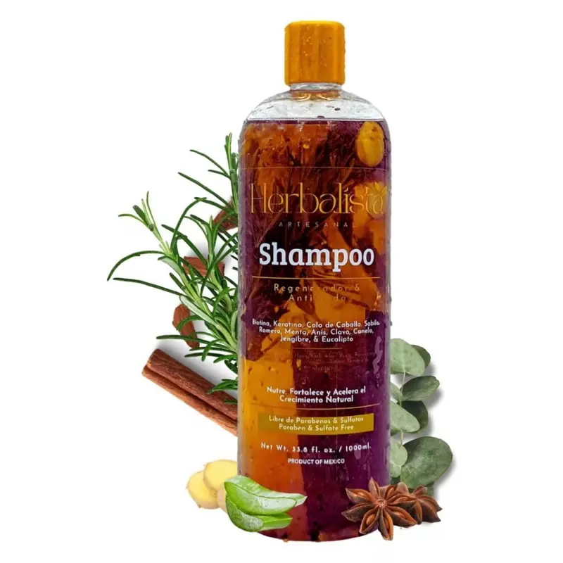 Herbalista Viral New Herbal Shampoo 1000ml (33 fl oz) Disc Top- With Real Pieces of Rosemary, Cinnamon, Anise, Clove, Aloe, Ginger, & Eucalyptus - Fortalece, Regenera, Acelera Crecimiento – 100% Natural & Handcrafted