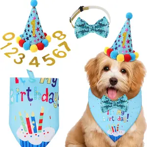 Pet birthday party hat, dog wet towel, bow tie, birthday flag, pet scarf, triangle scarf set, Outfits, Costume