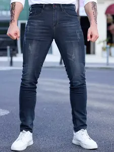 Men's Elastic Denim Jeans, Youth Korean Style Streetwear Slim Fit Straight Leg Jeans, Casual Summer & Spring Fashion Menswear Pants, Denim Bottom