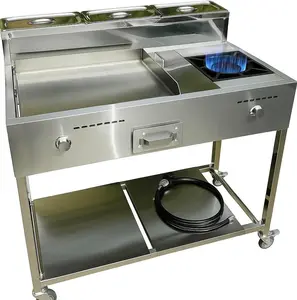 Burner Stove and Flat Top Griddle Cart | 20” Stainless Steel Griddle | 30,000 BTU Cast Iron Burner Stove | Outdoor Propane | Portable 4 Wheel | 3 Condiment Container Pans | Commercial & Home Use
