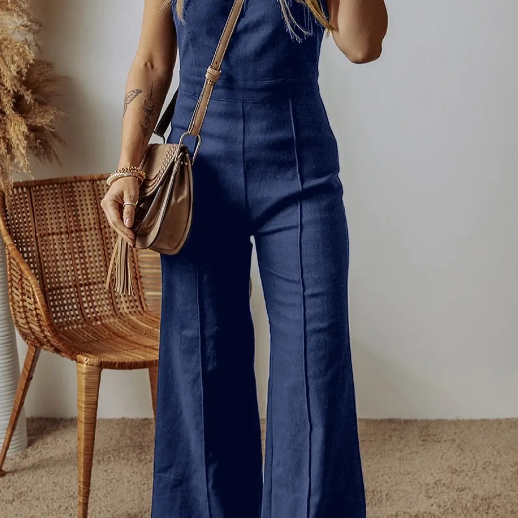 Seamed Zipper Spaghetti Strap High Waist Flared Jumsuit