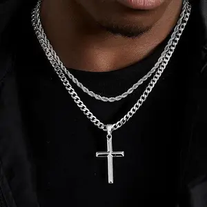 2pcs/set Stainless Steel Cross Necklace for Men - Layered Cross Pendant Necklaces Waterproof Stainless Steel Cuban Link Rope Chain Silver Necklace Stack Jewelry with Gift Bag 22-24 Inches Durable Hip Hop Jewelry for Daily Wear