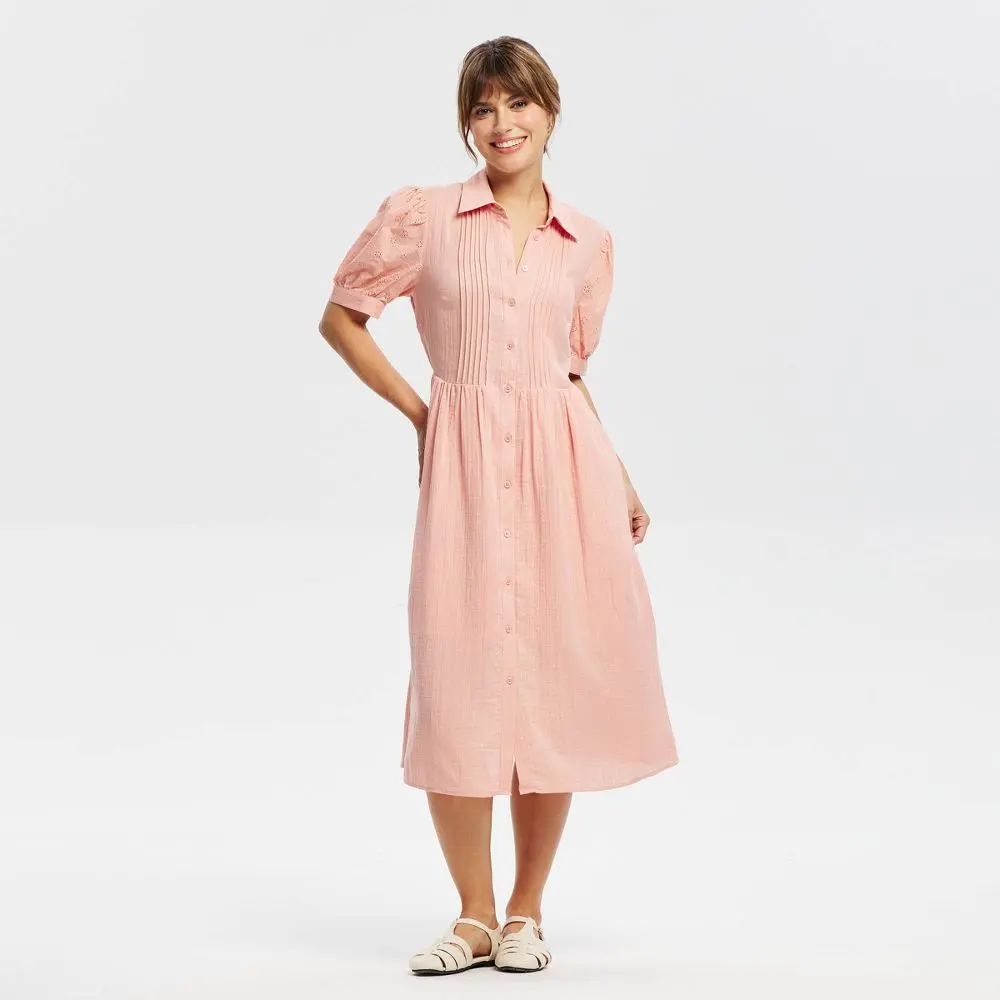 Women's Cute Cotton Breathable Puff Short-Sleeve Eyelet Midi Shirtdress with Buttons - Universal