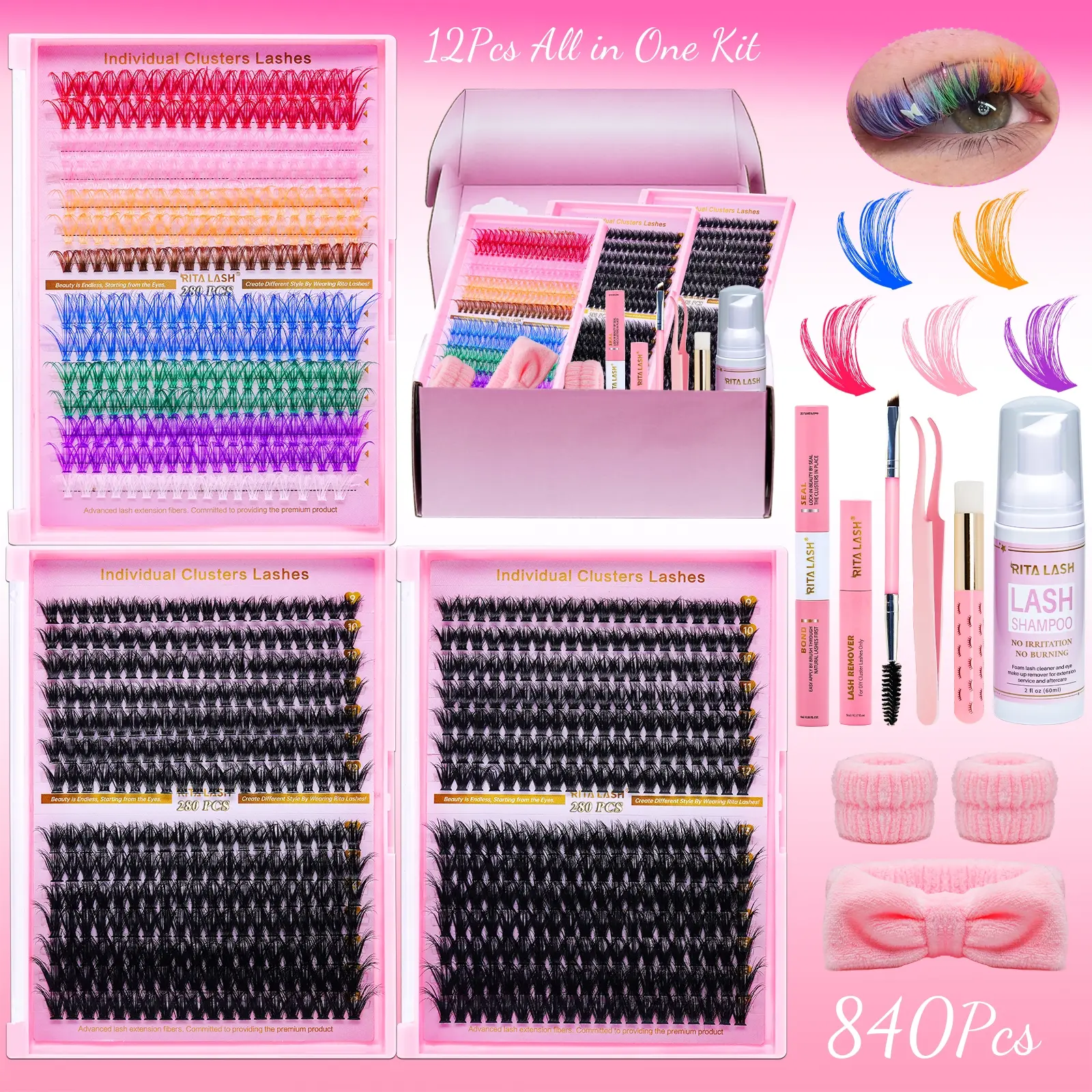 RITALASH 840Pcs Lash Clusters, Best Lash Clusters, Kit Bulk Packs Fluffy False Eyelash Extensions D Curl Wispy Individual Fake Eyelashes, Volume Studio Effect, Colorfued Lashes, Pack with Glue&Seal, Tweezers, Removers, Cleanser, DIY Eyelash Extensions