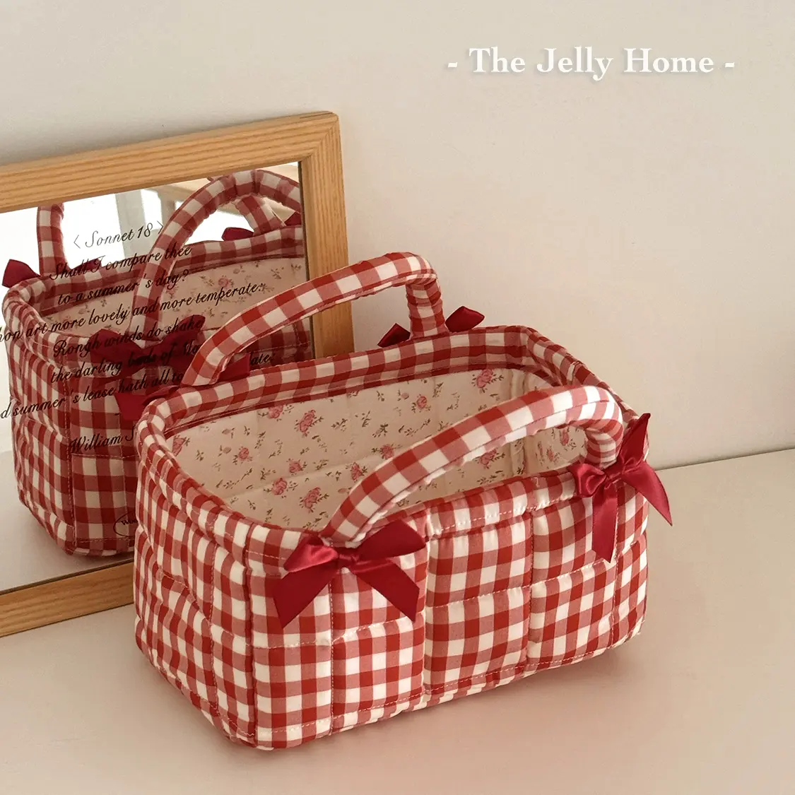 TJHome A student dorm essential: small red grid stitched desktop storage basket — compact fabric organizer with butterfly accents, space-saving mini basket for pens, snacks, and cosmetics; ideal for dorm desktop organization.
