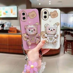 16 Plus Cute Lovely Bear Style PC Fashion Strap Lanyard Phone Holder Case with Shockproof Protective Cover Compatible with For iPhone 16 Plus