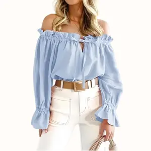PASLTER Womens Off The Shoulder Tops Puff Long Sleeve Tie Front Loose Fit Ruffle Shirts Blouses