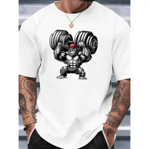 Men's Quick-Dry Gym T-Shirt - Breathable Workout Shirt With Barbell Lift Graphic - Lightweight Moisture-Wicking Tee For Bodybuilding, Casual Outfits - Machine Washable Athletic Top (White/Black), Gym Shirts, Summer Comfort Wear