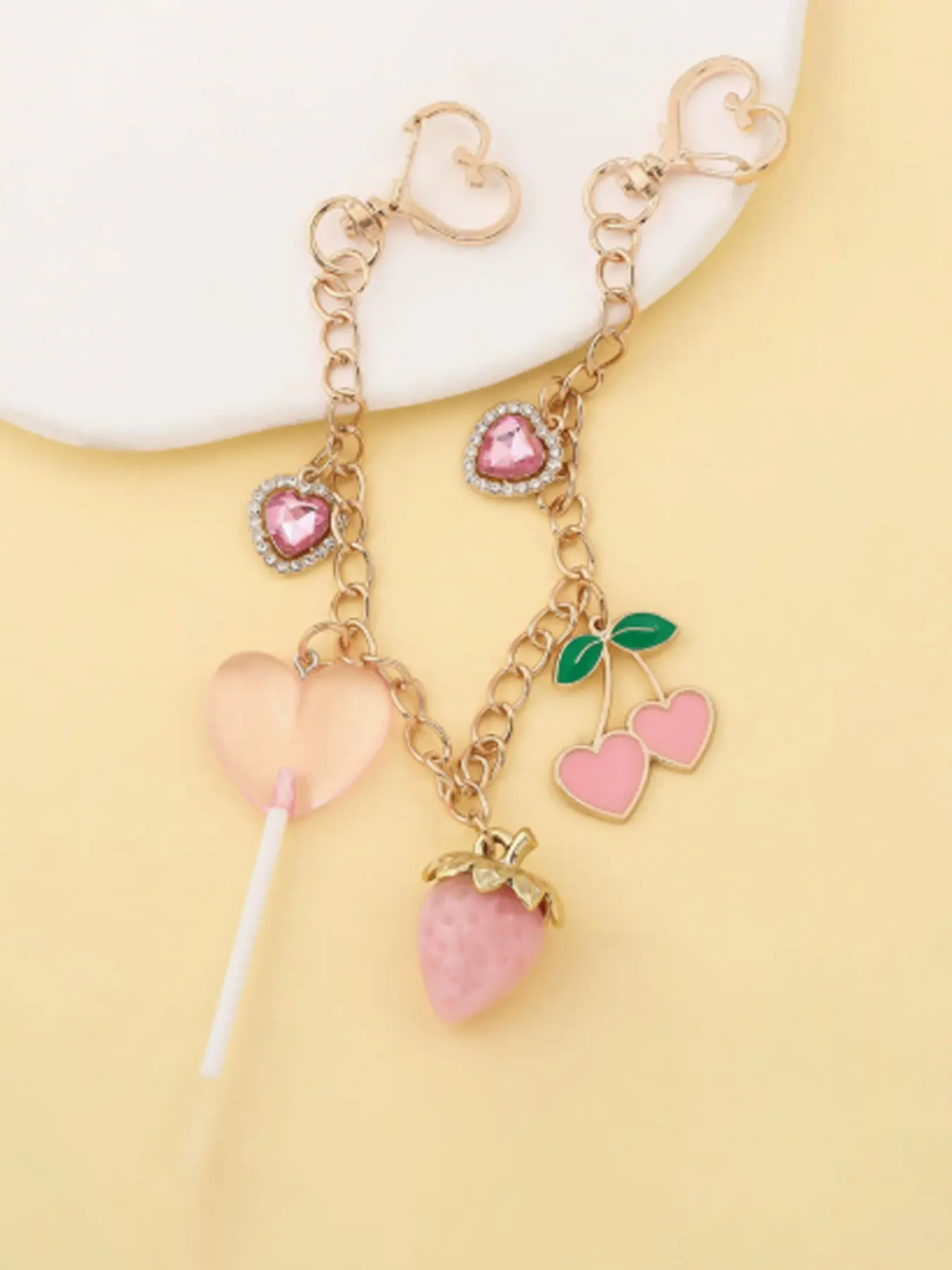 Sweetheart Fruit & Heart Bag Chain Charms, Pink Y2K Bag Decoration Keychain, Cute Girly Bag Pendant for Backpack Purse, Ideal for Coquette & Sweet Style Lovers, Trendy Bag Charms