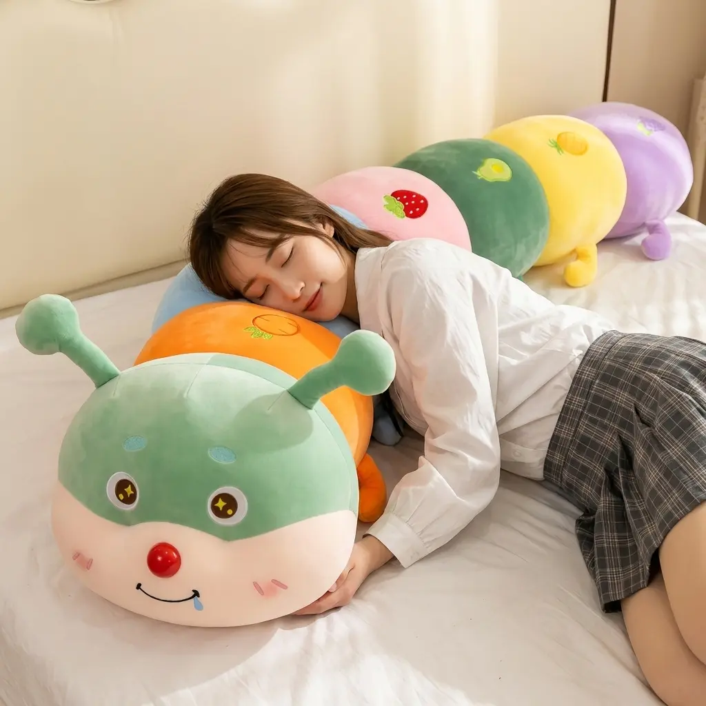 Rainbow Fruit Embroidered caterpillar long plush pillow; detachable and washable leg-holding pillow; girls’ sleep pillow; cute drooling plush toy; children’s comfort doll; sofa cushion; birthday gift