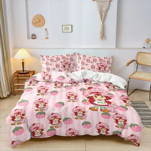 Strawberry Shortcake & Cartoon Girl Theme Patterns Duvet Cover Set and 1-2 Pillowcases No Core, Sweet Cartoon Girl Style Bedroom Decoration, Cute Girly Bed Set for Teen Bedroom, Perfect Gift for Cartoon Lovers