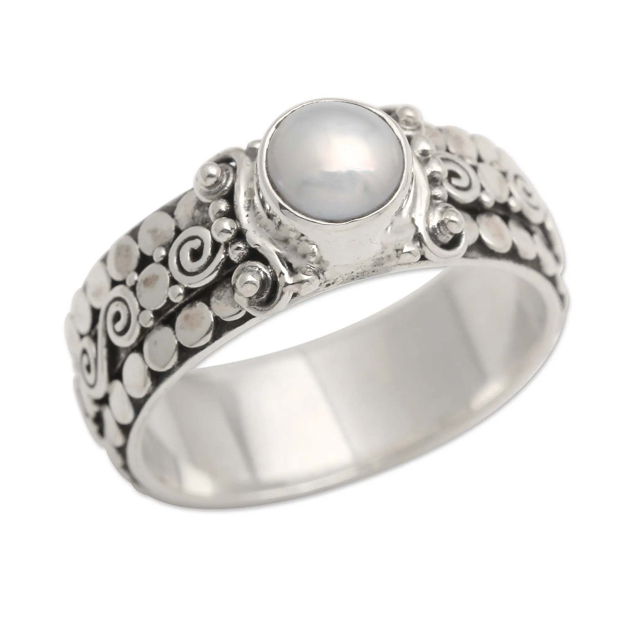 Novica Artisan Handmade Cultured Freshwater Pearl Singlestone Ring From Indonesia .925 Sterling Silver White Birthstone 'Swirling Serenity'