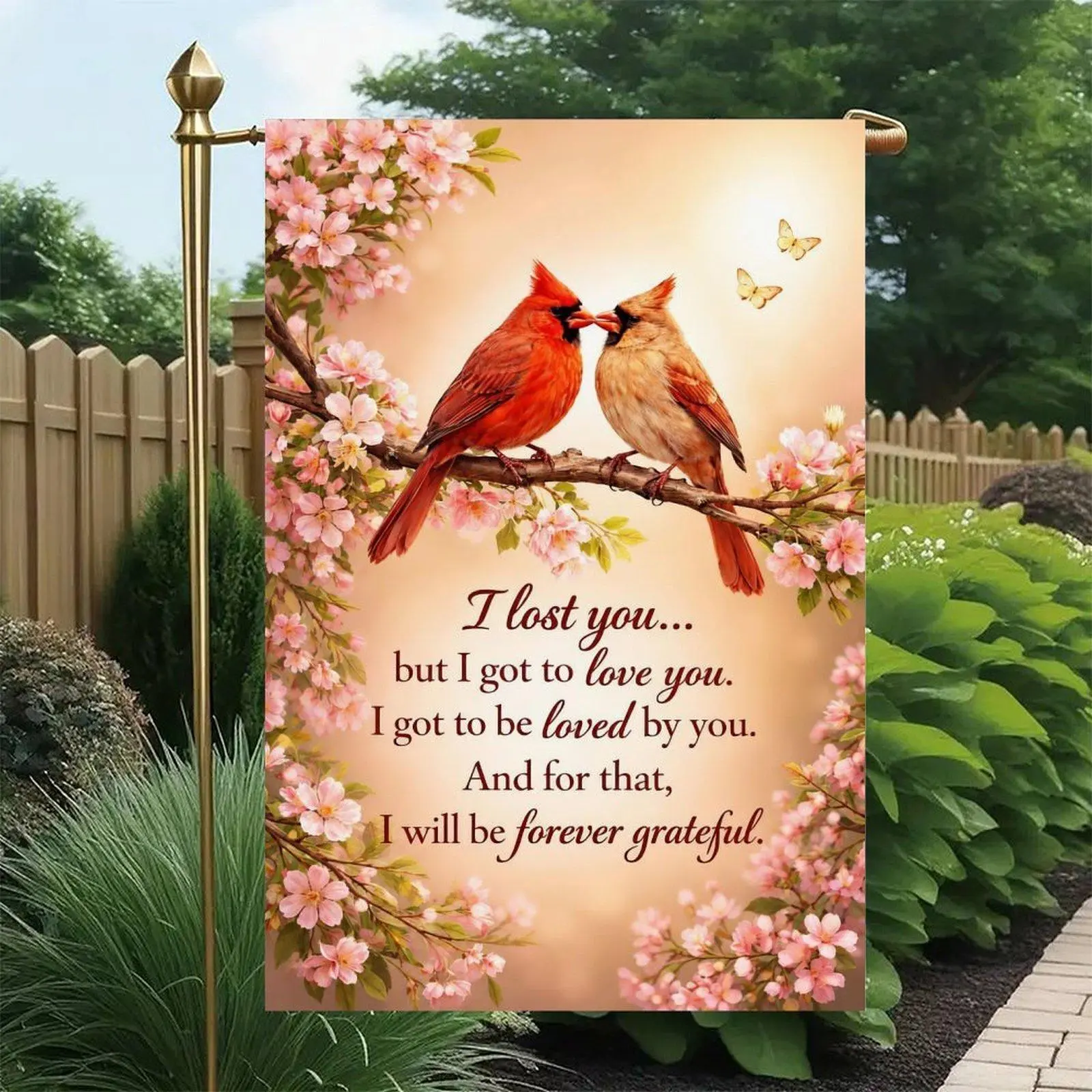 Pair of Red Cardinal Birds Pink Cherry Blossom Butterfly Grateful Quote Floral Religious Garden Flag Double-Sided 12x18in, Gentle Sympathy Porch Decor Banner