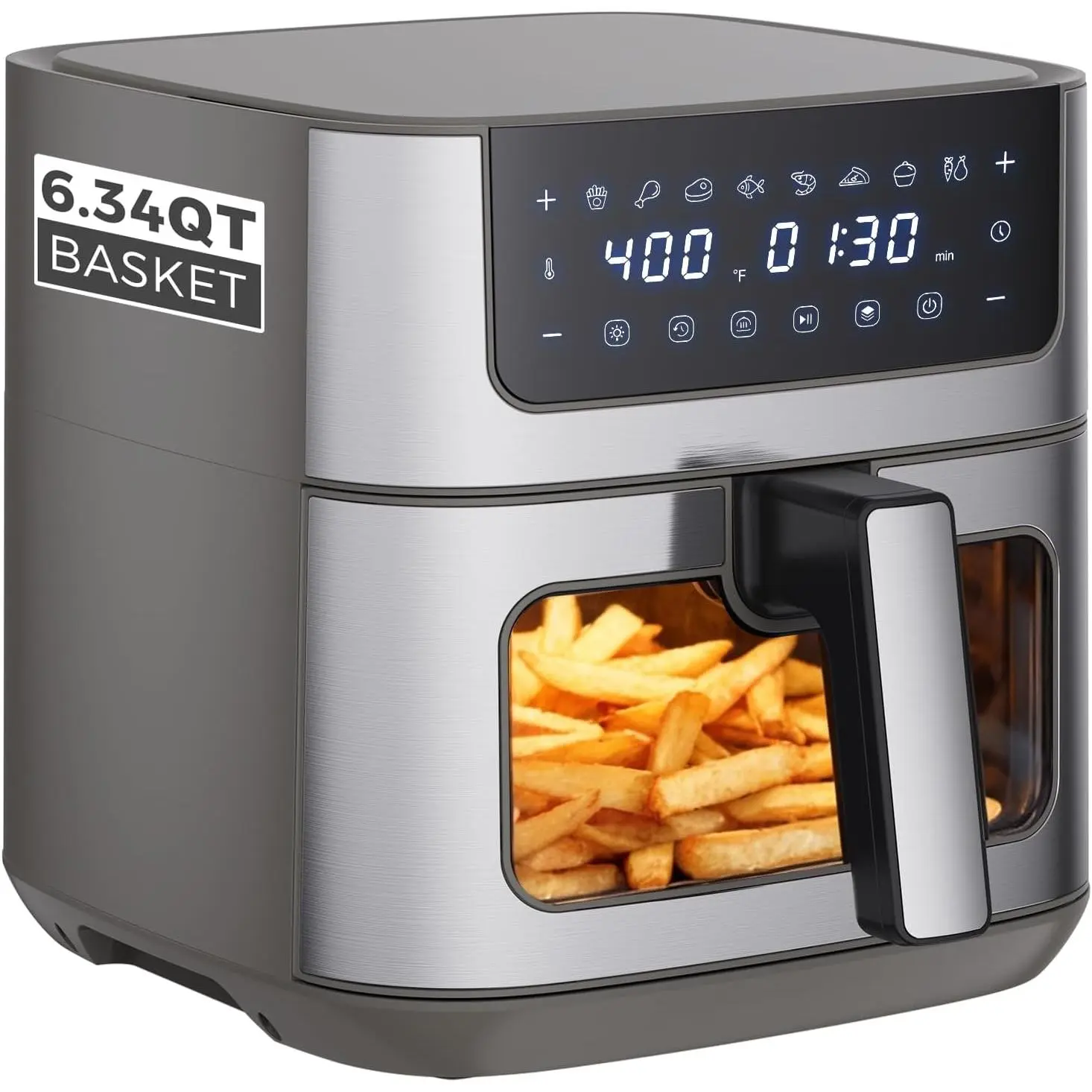 6.34 QT Air Fryer with Built-in Window, 8 Preset Air Fryer Oven, 180-400°F Precise Temperature Control & 5°F Increments, Stainless Steel, Nonstick Dishwasher-Safe Basket, Overheat Protection
