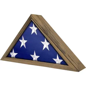 Flag Display Case - 5' x 9.5' Funeral & Military Flag Shadow Box with HD Tempered Glass and Wall Mount, Folded Triangle Flag Holder Frame for Veterans, Rustic Wood