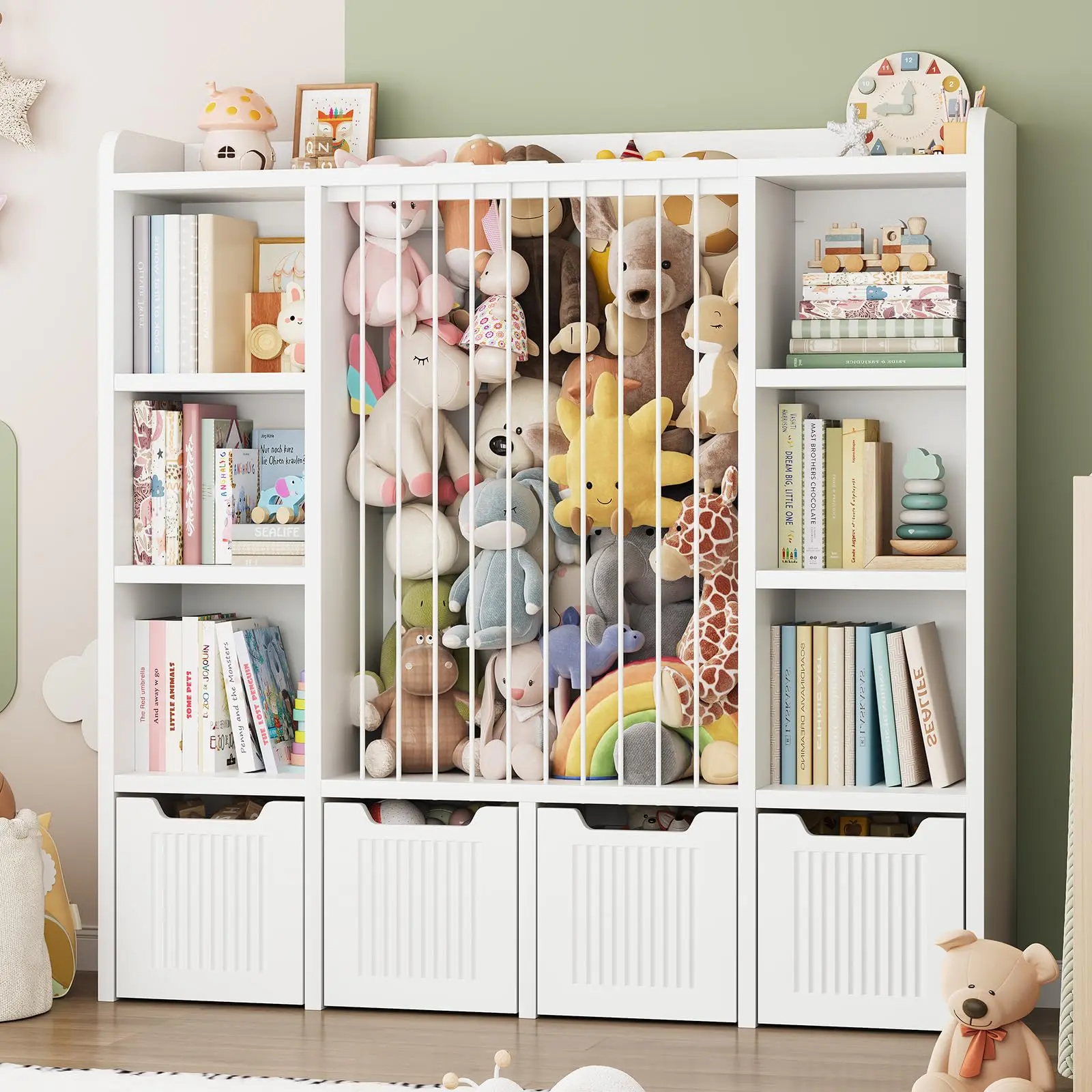 【Max 40 Dolls】ONBRILL Toy Storage Organizer, Toddler Stuffed Animal Storage, Kids Toy Shelf with 6 Open Cubbies & 4 Movable Toy Chest, Bookshelf for Kids Room Playroom Bedroom Nursery
