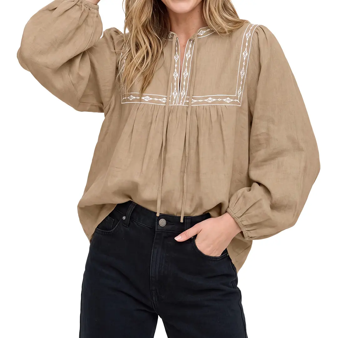 Shewin Women's Solid Tie Neck Embroidery 7/8 Bracelet Sleeve Loose Regular Length Casual Shift Blouse Top
