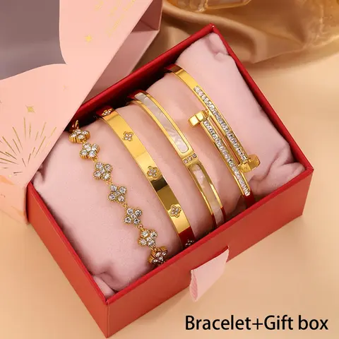 4-piece stainless steel diamond bracelet with exquisite gift box, French elegant fashion style, very suitable for gift-giving and daily commuting, Set bracelet