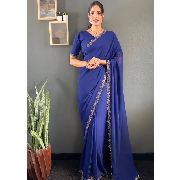 DESIGNER GEORGETTE SWAROVSKI WORK READY TO WEAR SAREE WITH UNSTITCHED BLOUSE BLUE