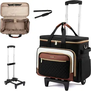【Mother's Day Gift】LOVEVOOK Rolling Teacher Bag with Detachable Dolly and Laptop Compartment, Large Rolling Tote Bag fits for 17.3" Laptop for Teacher Office Work Craft Nurse, Quilted-Black-beige-brown Tiktokshopstockup