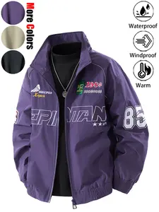 Men's Casual Loose-Fit Comfortable Waterproof Windproof Warm Embroidered Durable Wrinkle-Resistant Motorcycle Jacket, Waterproof Windproof Outerwear, Versatile Couple's Top Ideal for Daily Commuting, Outdoor Adventures, Hiking Outfits