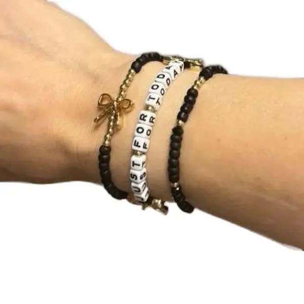 Just For Today Bracelet Set – Black White & Gold Recovery Bracelets – 12 Step Sobriety Jewelry – Affirmation Beaded Stack – 6.5” Stretch – Set of 3