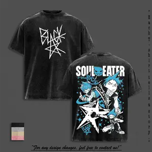Black Star Meisters of Shadow Vintage Washed Tee – Soul Eater Anime Double Printed Graphic T-Shirt, Unisex Oversize Anime Manga Streetwear Heavyweight Cotton Wash Tee, Gift for Anime Fans