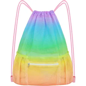 Mesh Drawstring Backpack, Large  Gym Bag for Women  with Pocket and Zipper Sackpack for Beach Yoga Football Soccer (Colorful)