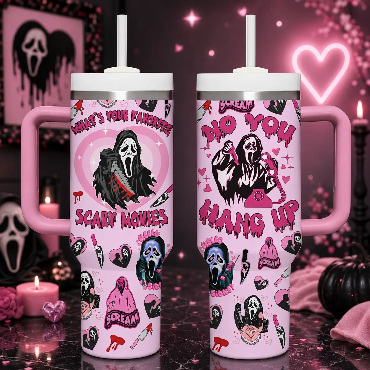 Pink Ghostface Scream 40oz Tumbler with Handle & Straw, What’s Your Favorite Scary Movie Insulated Cup, No You Hang Up Horror Travel Mug, Cute Halloween Gift for Women and Fans