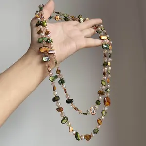 Handmade Boho Chic Necklace - Irregular Natural Shell and Crystal Beaded Long Chain - Earthy Tones Green Amber Aesthetic Jewelry - Ethnic Tribal Statement - Personalized Gift for Nature Lovers Stainless Steel Layered Cross juliette captain steel necklace