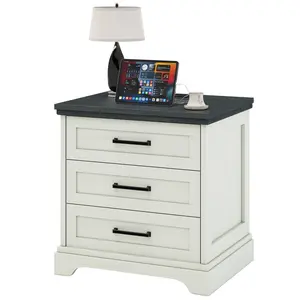 24" Wood Nightstand with Drawers and Charging Station, Bedside Table for Bedroom or Living Room, Bl