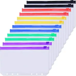 12PCS A6 6-Hole Binder Pockets, Translucent Waterproof PVC Loose Leaf Organizers with Multicolor Zips, Straight Tabs, for A6 Sheets, Cash Stuffing, Budget Planning