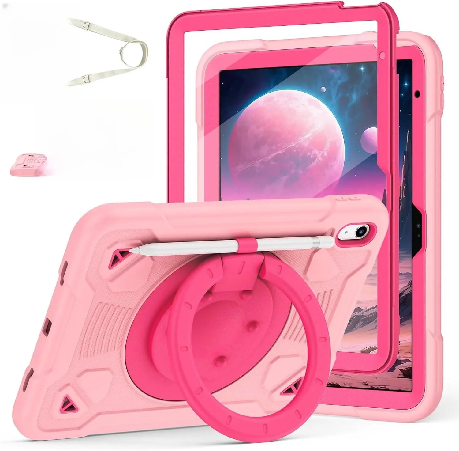 Case for iPad (A16) 11th Generation 11 Inch 2025/iPad 10th Generation 10.9 Inch 2022 with Built-in Screen Protector 360°Rotating Stand,Shoulder Strap Full Body Heavy Duty Protective Cover (Rose Pink)