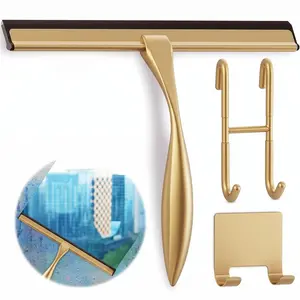 14 Inch Gold Shower Door Squeegee, Stainless Steel Body with Silicone Blade, Comes with Adhesive Hanging Hooks, Streak-Free Cleaning for Shower Glass Mirror Tile Window Bathroom Car Daily Home Use