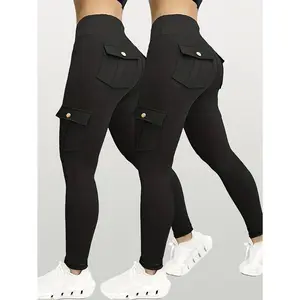 [2pcs Plus Size Cargo Pants] 2pcs High-Waisted Plus Size Cargo Pants|         Stylish & Comfortable Yoga Fitness Leggings with Button Pockets|         Black & Navy Blue, Polyester Blend for Outdoor & Activewear