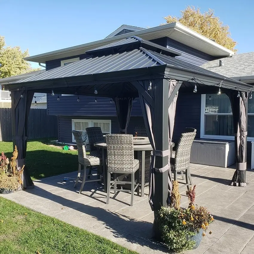 Domi 10'x12' Hardtop Gazebo Canopy,Outdoor Aluminum Gazebo with Galvanized Steel Double Roof,Permanent Gazebo with Drainage System,Curtain and Netting Included