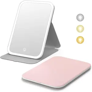 Travel Makeup Mirror, Portable LED Lighted Makeup Mirror, 360? Rotation Touch Screen Vanity Mirror, 60 LEDs, 3-Color Dimmable Lighting, Rechargeable Tabletop Folding  Mirror, Pink