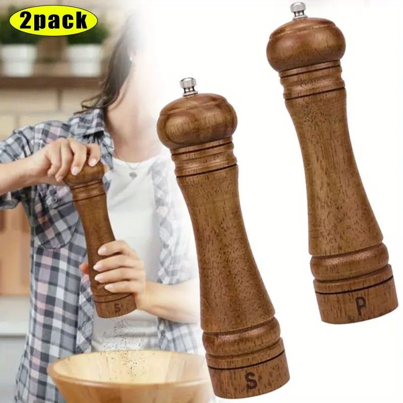 2 Pack Wood Salt and Pepper Grinder Set,8 inch Salt Mill Pepper Grinder,Pepper Mill,Salt Shakers with Adjustable Ceramic Rotor,Oak Wood Pepper Grinder for Your Kitchen,Hand Tools Kits