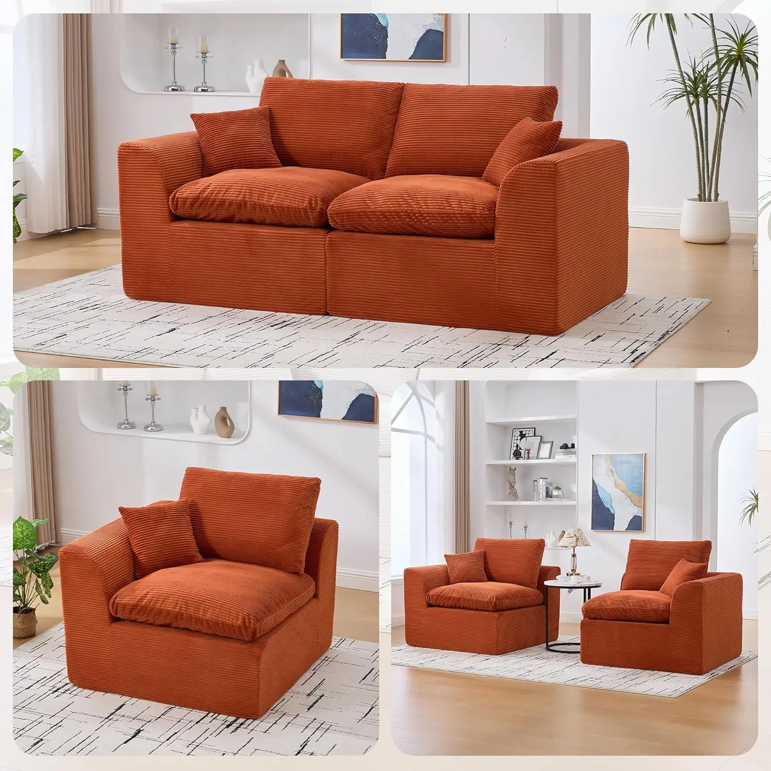 Cloud Couch Modular Sofa, 2-Piece Sectional Sofa with Soft Corduroy Fabric and High-Density Foam, Fluffy Loveseat for Living Room or Apartment, Orange
