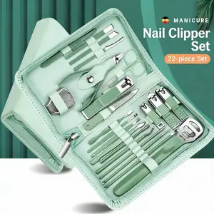 Professional Nail Clipper Pedicure Set,Manicure Set Personal Care, Nail Clipper Kit,Nail Tools with Luxurious Travel Case, Gifts for Men Women Family Friend,Green (22 Pieces) Keratin Stainless