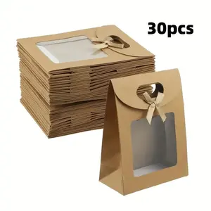 Elegant Kraft Paper Gift Bags with Clear Window, Sturdy Cardboard Back, Stand Up Design, Round Corners, Twine Closure, Elegant Packaging