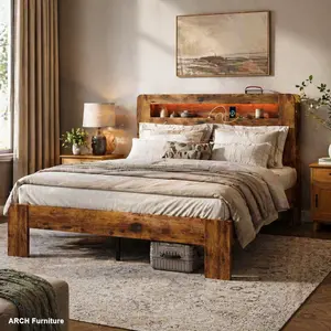 King Size Bed Frame Set with Modern Wooden Headboard, Multifunctional Headboard with USB Charging Station, Dark Brown Finish, Noise-Free Slats, Large Underbed Storage, Easy Setup